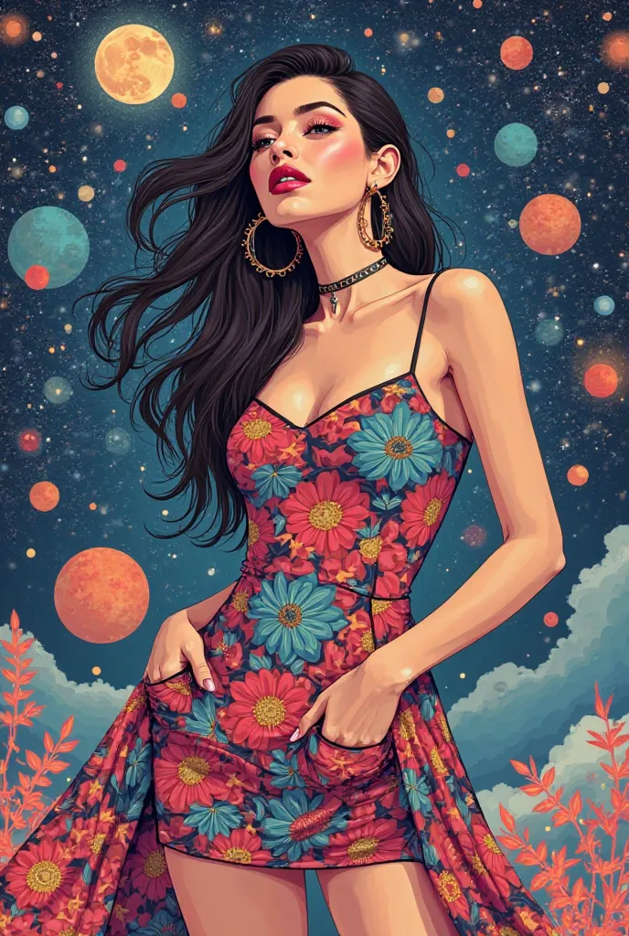 Illustration Style、mode hairstyles、Beautiful woman in a dress fashion supermodel with a novel and unique design、Stylish and elegant pose、足元までのFull body、the contrast of space is bright and vivid、Colourful large and small々Marbles、marble art、universe、Full bod...