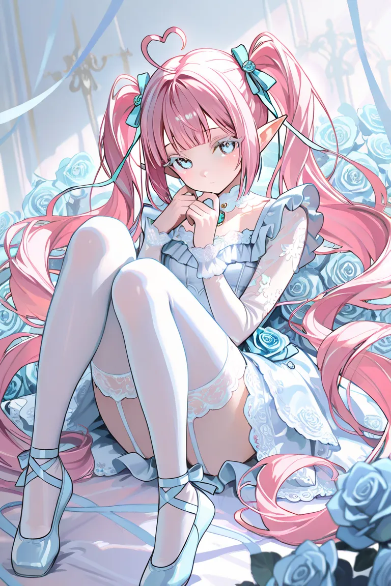 VTuber portrait, pink hair, light blue eyes, long eyelashes, short straight bangs, heart-shaped ahoge, very long (pink) rolled pigtails, pointed ears,  Light blue rose fairy image, long light blue and white dress, frills, lace, light blue roses, jewels, lo...