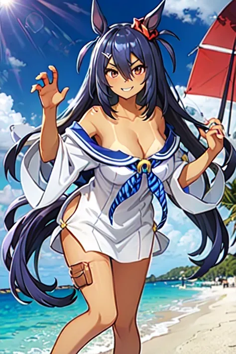 Hishi Amazon、One person、 girl 、horse taill, best quality, blue sky, sailor collar, wide sleeves,  Blue Neckerchief , white shirt, sailor dress, thigh strap, blue footwear, tanlines, bikini tan, off shoulder, cleavage, bare shoulders,smug,grin,Perfect hands...