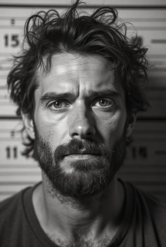 A black and white mugshot of a 30-year-old man with an unkempt, scruffy beard and overgrown hair, giving him a rugged and disheveled appearance. His eyes are hollow and heavy with exhaustion, his skin slightly rough and unshaven. His expression is blank ye...