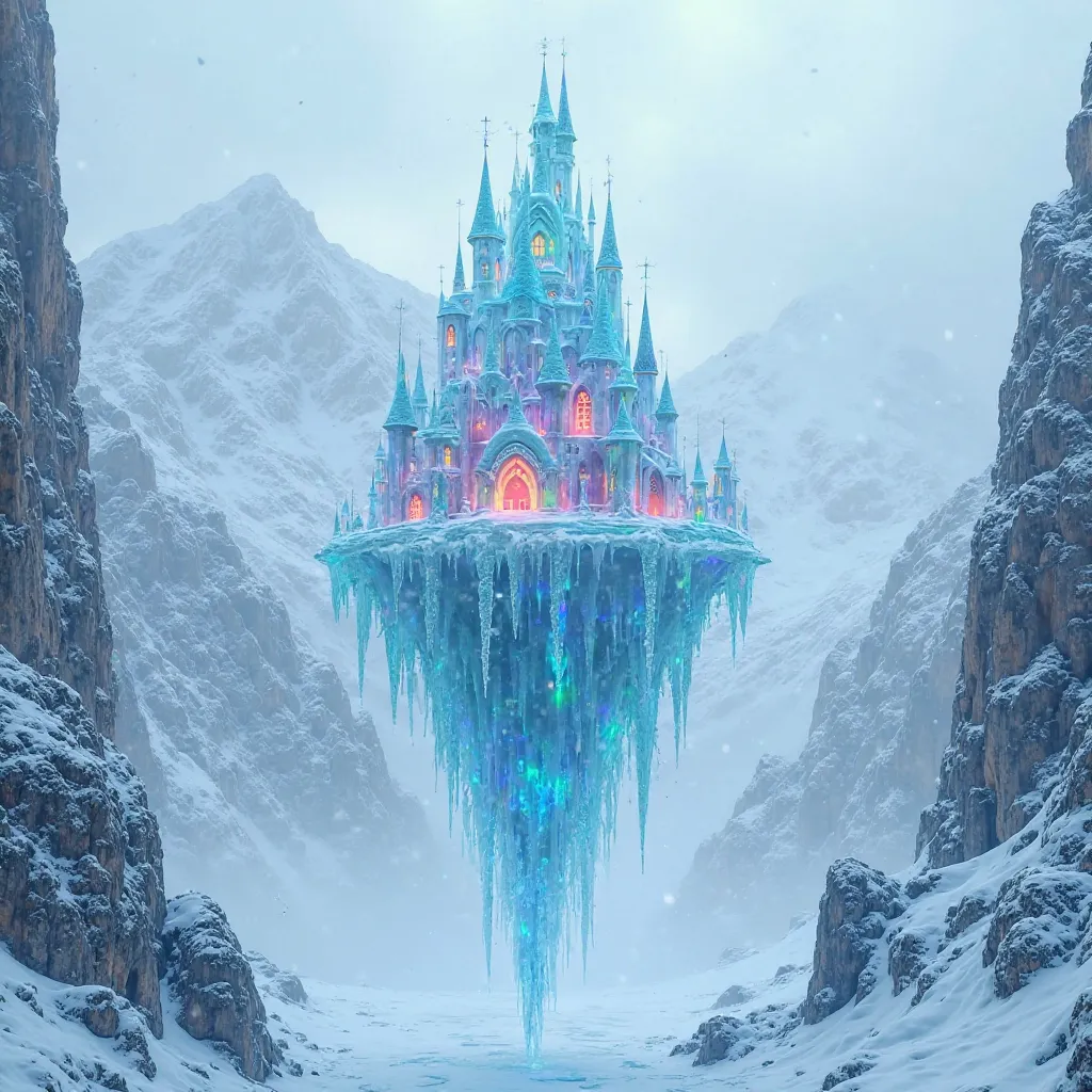 Floating blue ice castle with iridescent edges and rainbow highlights between snowy mountains under clouds, neon glowing red windows, photo