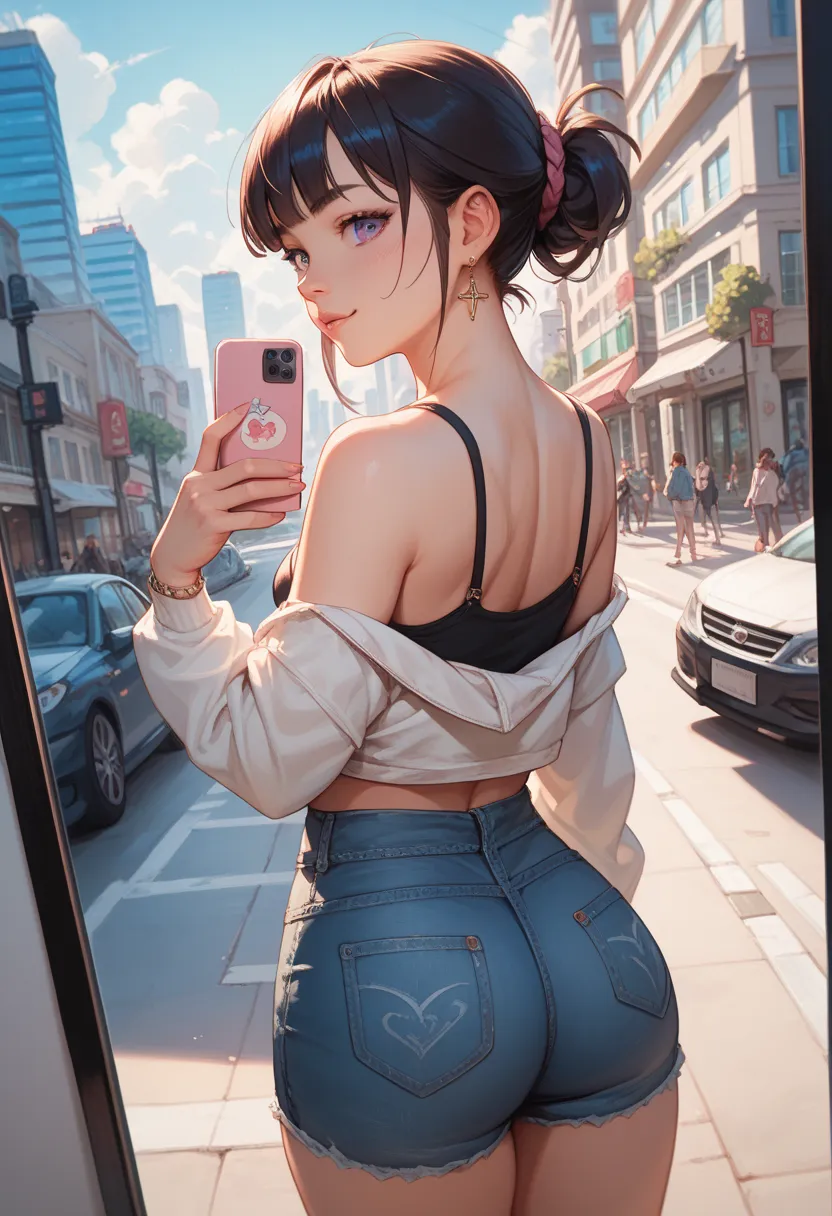 1girl, Selfie shot angle, from behind, city, Digital painting, kawaii anime