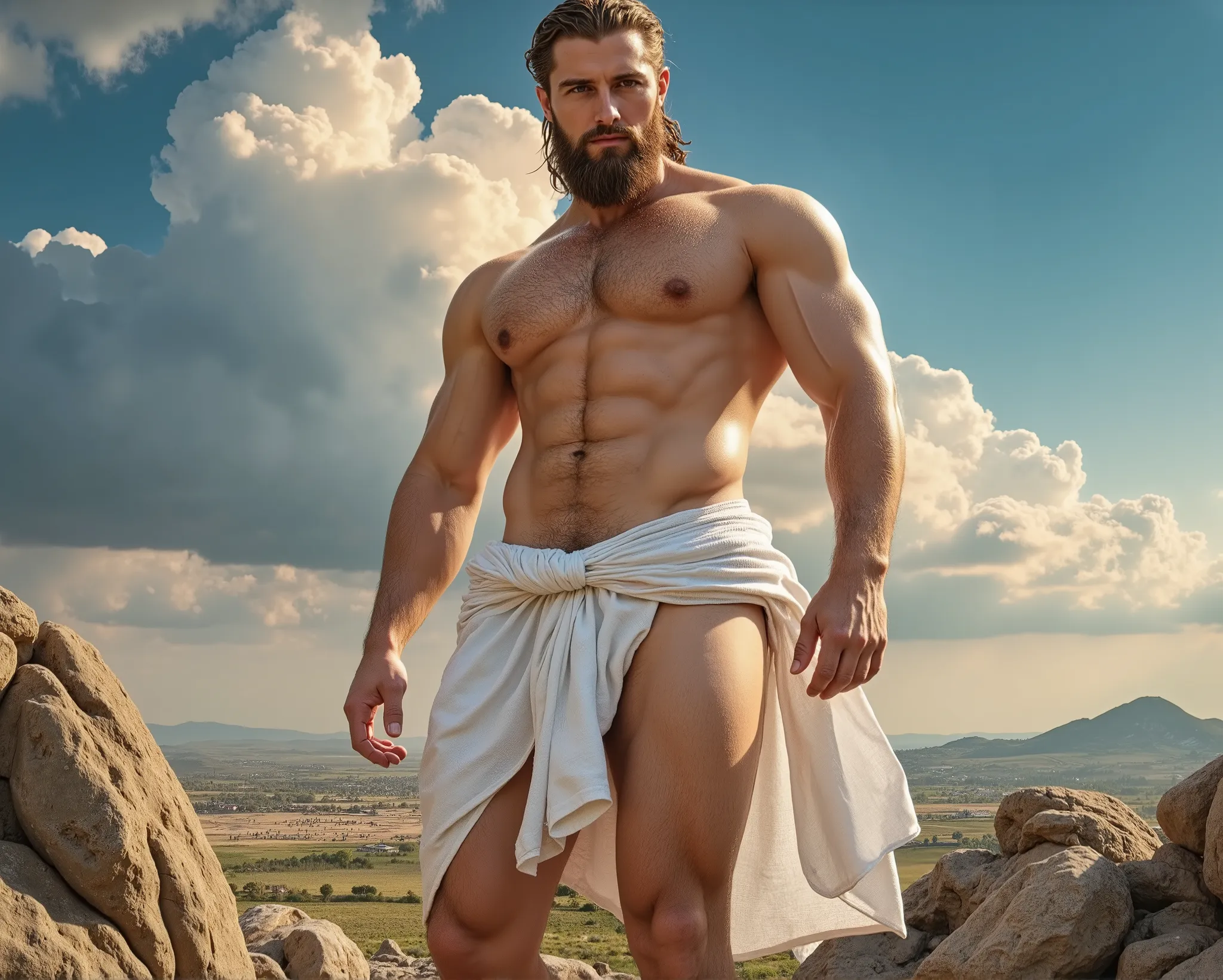 ( masterpiece) Reference sketch of a Greek God, Titan Atlas the gigantic, A giant walking around the world, Your physical appearance is often described as that of a strong person,  muscular build , 30 YEARS, Short brown hair braided, with beard, Hairy and ...