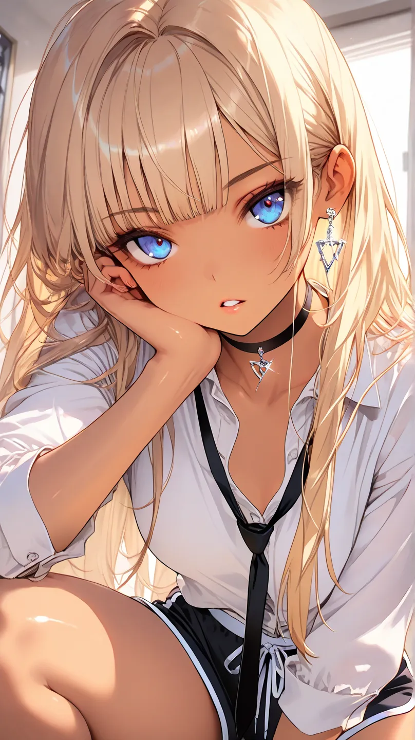 1Girl, Mature, Caucasian, American, Light Brown Skin, Long Blonde Hair, Hime Cut, Shiny Hair, Bright Blue Eyes, Medium Chest, White Button-Up Shirt, Black Dolphin Shorts, Black Choker, Black Tie, Looking At Viewer, Bored, Teeth, Parted Lips, Glint, Sassy P...