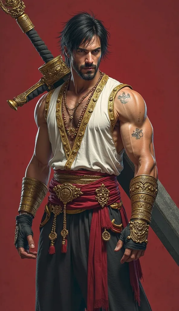 This image depicts a character from what appears to be a or fantasy setting. The figure is a muscular male warrior with dark, messy hair and facial hair. He's wearing elaborate, ornate armor that combines elements of Eastern and Western design.

The charac...