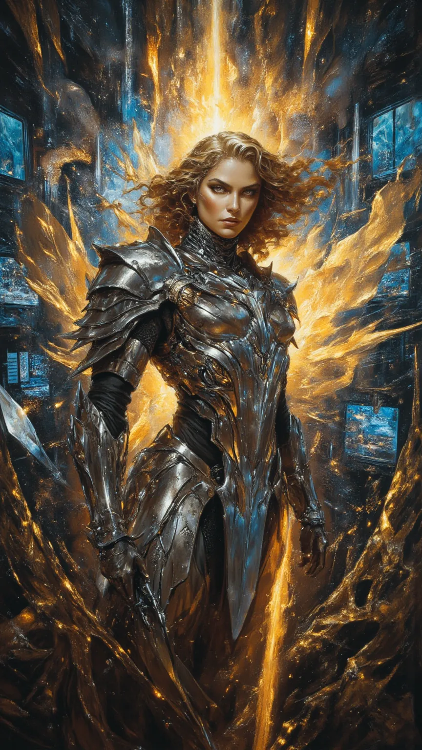 full body, Female Knight， art ，sci-fi，future，weapons，sexy，long golden hair，Wayne Reynolds draws，in a highly detailed and dynamic style, Luminescence，Battle Screen