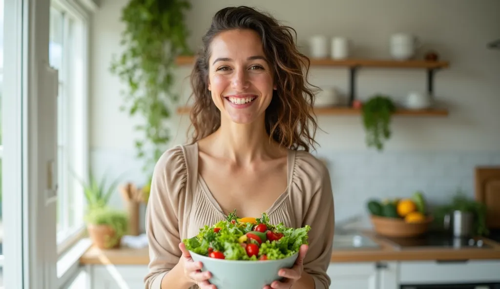 A happy woman holding a bowl of fresh salad, enjoying healthy eating in a well-lit kitchen. The scene presents a positive, vibrant lifestyle centered around nutrition and joy