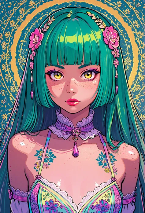 A mesmerizing surreal illustration of a young japanese woman. She has pastel green hair with blunt bangs, yellow eyes, and wears a vibrant pastel colored outfit adorned with intricate floral patterns. Freckles, shiny skin, colorful tattoos cover her arms a...