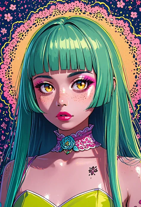 A mesmerizing surreal illustration of a young japanese woman. She has pastel green hair with blunt bangs, yellow eyes, and wears a vibrant pastel colored outfit adorned with intricate floral patterns. Freckles, shiny skin, colorful tattoos cover her arms a...