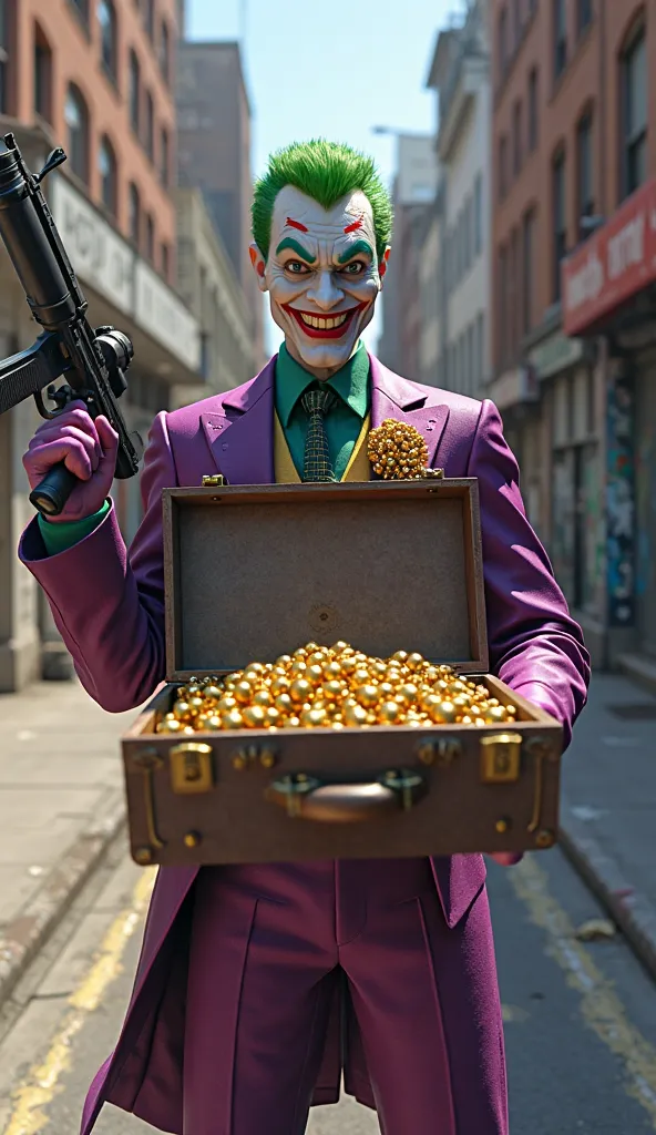 A highly detailed 3D-style scene of the Joker standing in the middle of a city street, holding an open briefcase filled with golden pistol bullets. His sinister grin is wide as he proudly displays the shining ammunition. In his other hand, he firmly grips ...