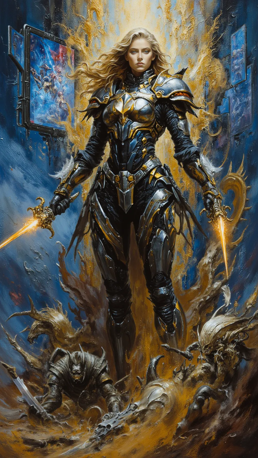 full body, Female Knight， art ，sci-fi，future，weapons，sexy，long golden hair，Wayne Reynolds draws，in a highly detailed and dynamic style, Luminescence，Battle Screen