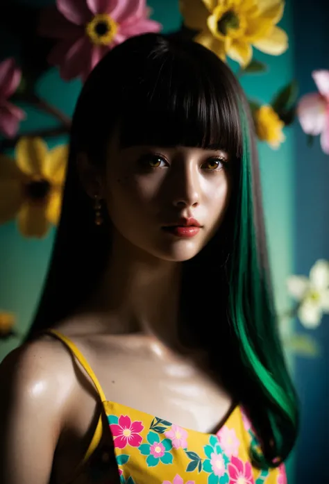 A mesmerizing surreal illustration of a young japanese woman. She has pastel green hair with blunt bangs, yellow eyes, and wears a vibrant pastel colored outfit adorned with intricate floral patterns. Freckles, shiny skin, colorful tattoos cover her arms a...