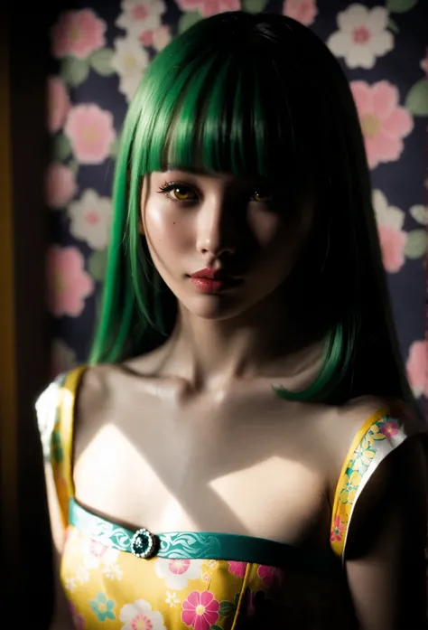 A mesmerizing surreal illustration of a young japanese woman. She has pastel green hair with blunt bangs, yellow eyes, and wears a vibrant pastel colored outfit adorned with intricate floral patterns. Freckles, shiny skin, colorful tattoos cover her arms a...
