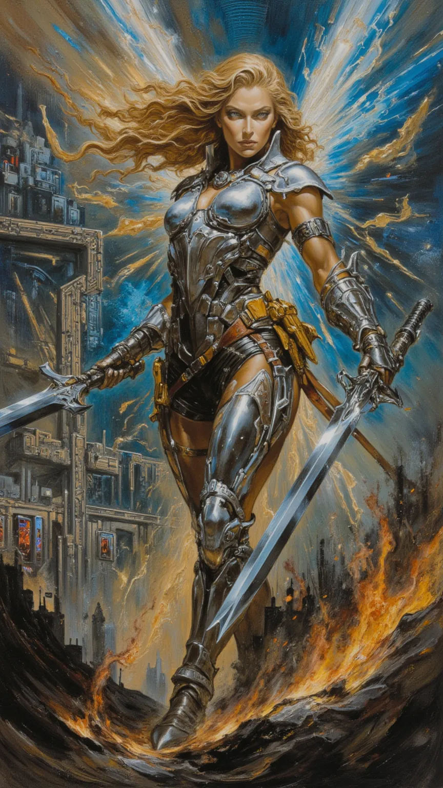 full body, Female Knight， art ，sci-fi，future，weapons，sexy，long golden hair，Wayne Reynolds draws，in a highly detailed and dynamic style, Luminescence，Battle Screen