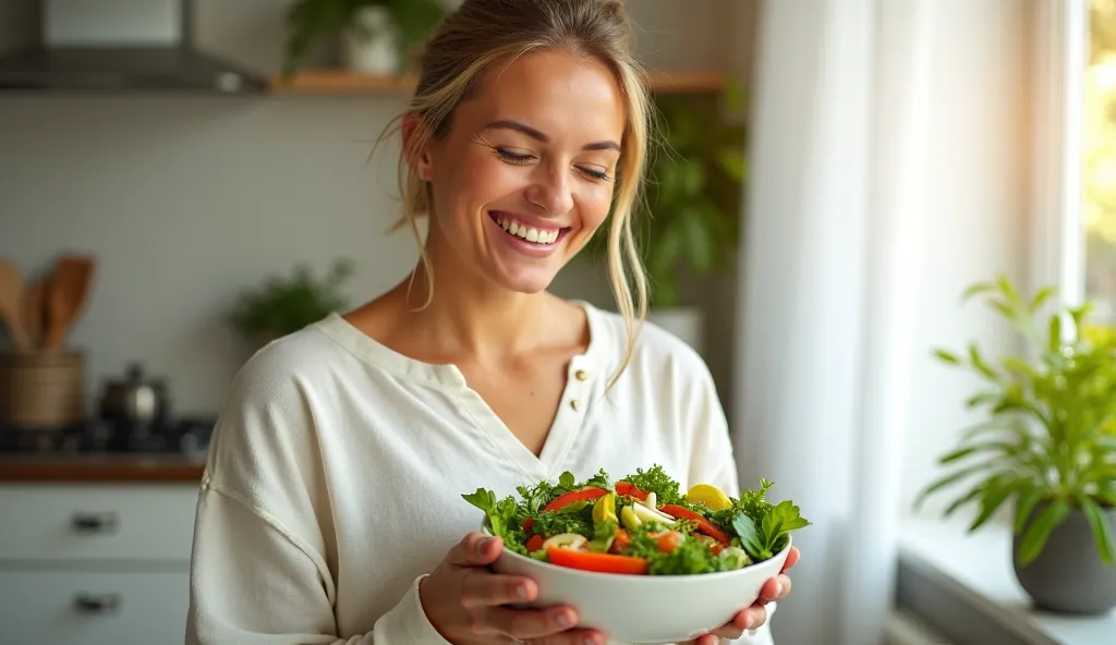 A happy woman holding a bowl of fresh salad, enjoying healthy eating in a well-lit kitchen. The scene presents a positive, vibrant lifestyle centered around nutrition and joy