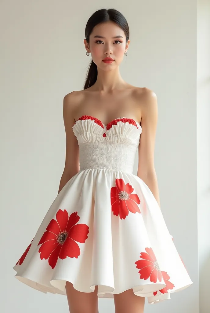 A stunning virtual influencer with a confident and elegant presence, wearing an identical strapless white dress featuring bold red floral patterns. The dress has a ruched bodice and a voluminous bubble-style skirt, perfectly matching the design from the re...