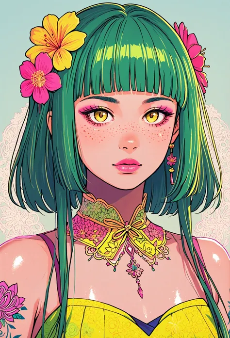 A mesmerizing surreal illustration of a young japanese woman. She has pastel green hair with blunt bangs, yellow eyes, and wears a vibrant pastel colored outfit adorned with intricate floral patterns. Freckles, shiny skin, colorful tattoos cover her arms a...