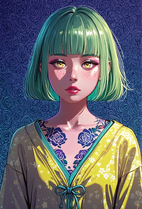 A mesmerizing surreal illustration of a young japanese woman. She has pastel green hair with blunt bangs, yellow eyes, and wears a vibrant pastel colored outfit adorned with intricate floral patterns. Freckles, shiny skin, colorful tattoos cover her arms a...