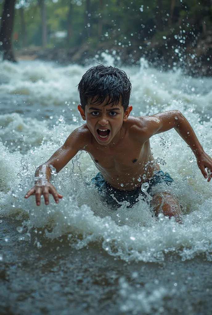 Ahmed’s foot slips, and he falls into the water. His face shows fear as the strong current pulls him away. Make a  boy in a water