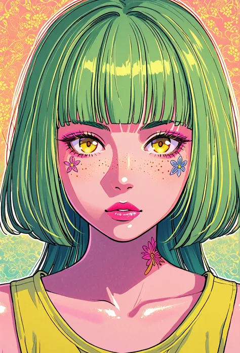 A mesmerizing surreal illustration of a young japanese woman. She has pastel green hair with blunt bangs, yellow eyes, and wears a vibrant pastel colored outfit adorned with intricate floral patterns. Freckles, shiny skin, colorful tattoos cover her arms a...