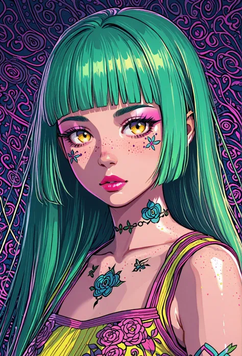A mesmerizing surreal illustration of a young japanese woman. She has pastel green hair with blunt bangs, yellow eyes, and wears a vibrant pastel colored outfit adorned with intricate floral patterns. Freckles, shiny skin, colorful tattoos cover her arms a...