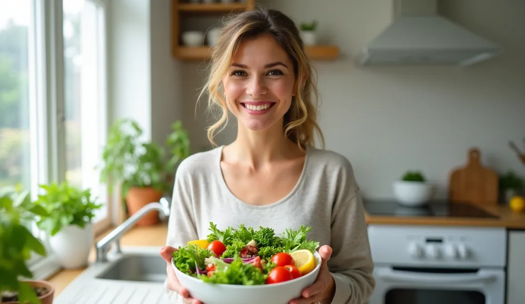 A happy woman holding a bowl of fresh salad, enjoying healthy eating in a well-lit kitchen. The scene presents a positive, vibrant lifestyle centered around nutrition and joy