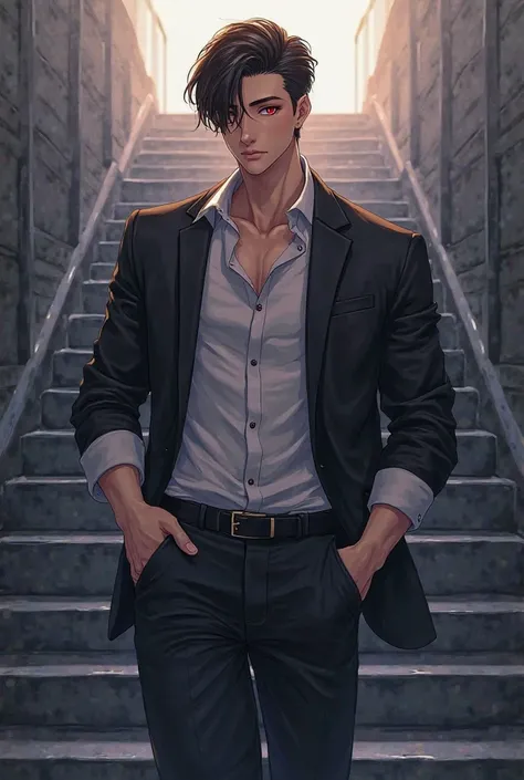 anime nam,  ears, handsome, is cold, healthy , 6 pack,  brunette  ,  red-eye, stood on the stairs, put his hand in his pants pocket, Study hair neatly combed to the left. 