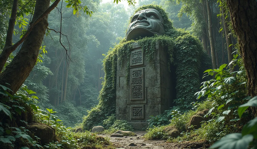 The broken giant statue is half buried in the forest，The surface of the stone is covered with cracks，The statue seems to hide an unsolved secret in its eyes。