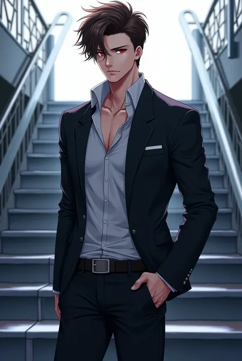 anime nam,  ears, handsome, is cold, healthy , 6 pack,  brunette  ,  red-eye, stood on the stairs, put his hand in his pants pocket, Study hair neatly combed to the left. 