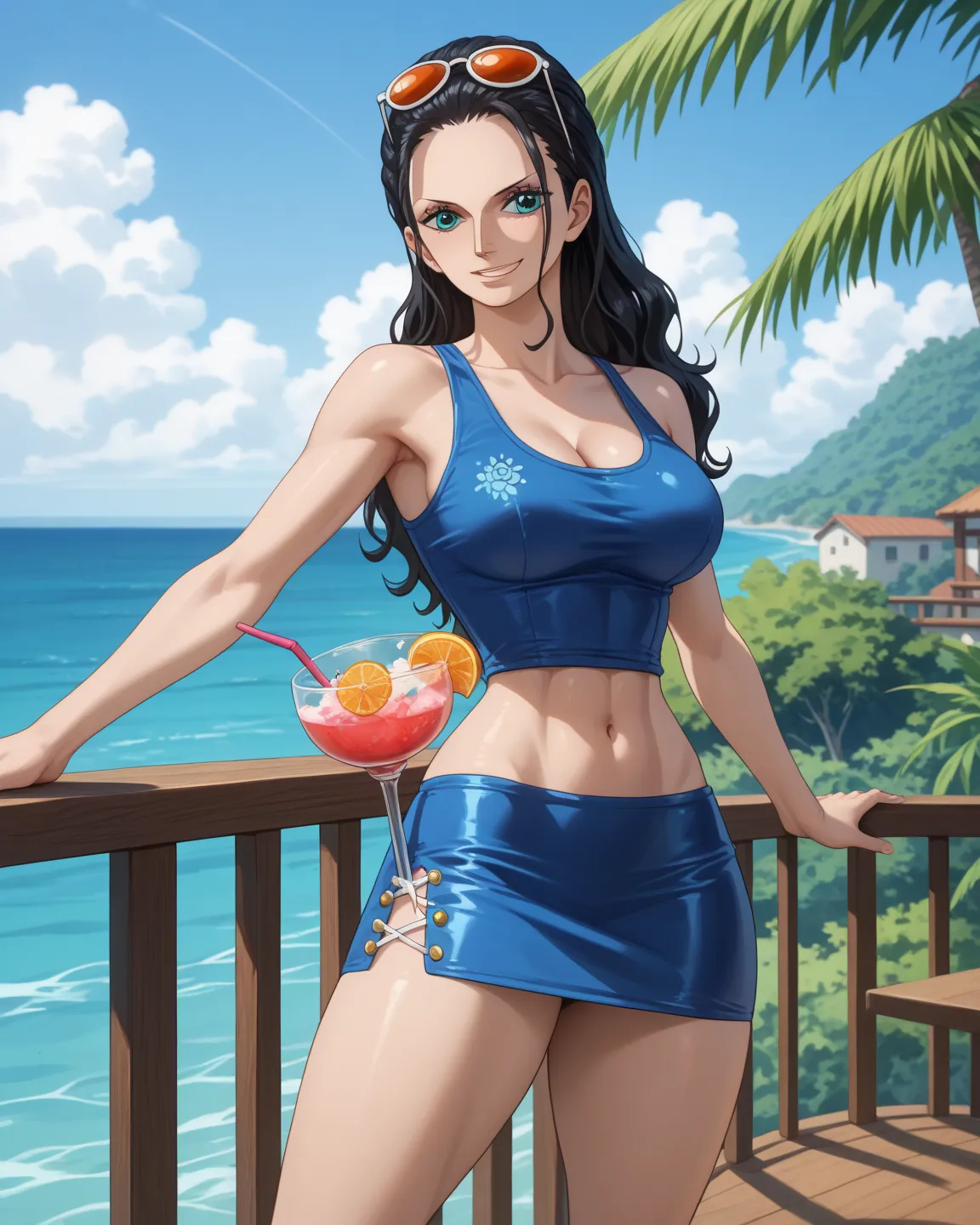 Masterpiece, ultra-high quality. A single, breathtaking Nico Robin from One Piece, leaning casually against the railing of the Thousand Sunny, her body illuminated by the golden light of the setting sun. The fresh ocean breeze lifts strands of her long, bl...