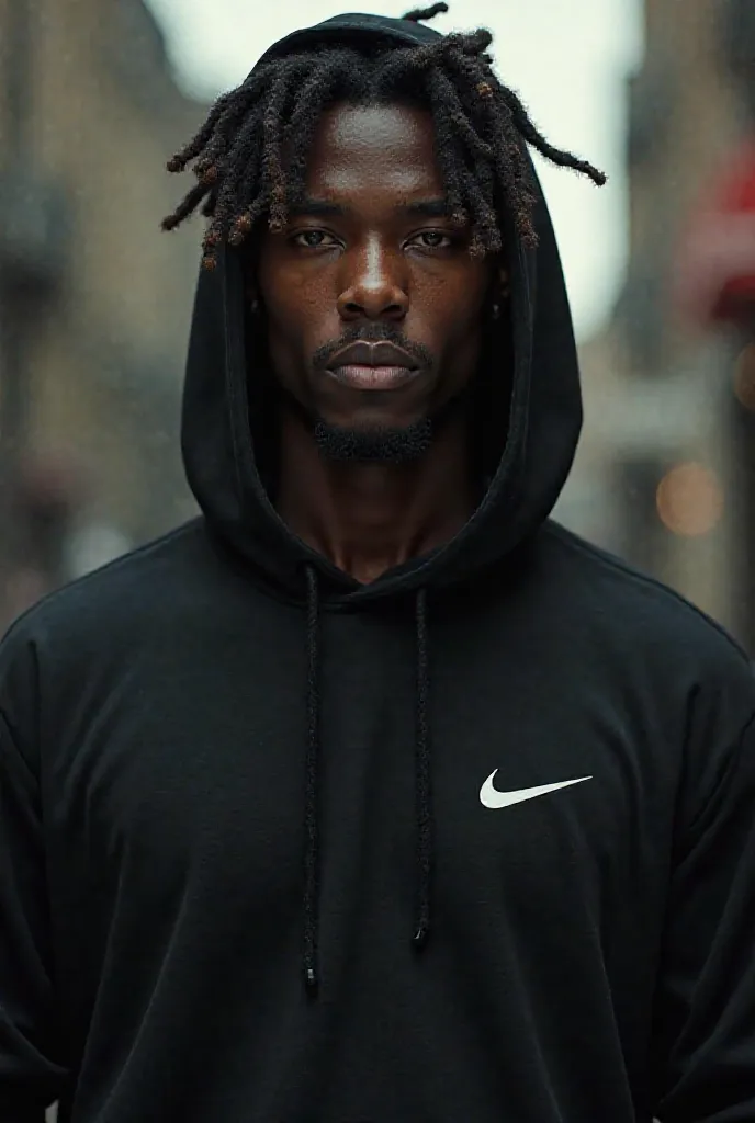 Make an image of a black guy with dreads and a Nike hoodie 