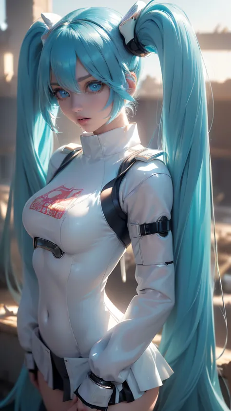 ( Top Quality, ,Super Detail,Actual), miku hatsune bikini white , ,(ruined Tokyo Cyberpunk Dungeon ruins background :1.4 ), big breasts, dynamic pose , (green hair twin tails) ,(short white miniskirt:1.4), very long hair) , cross your arms around your back...