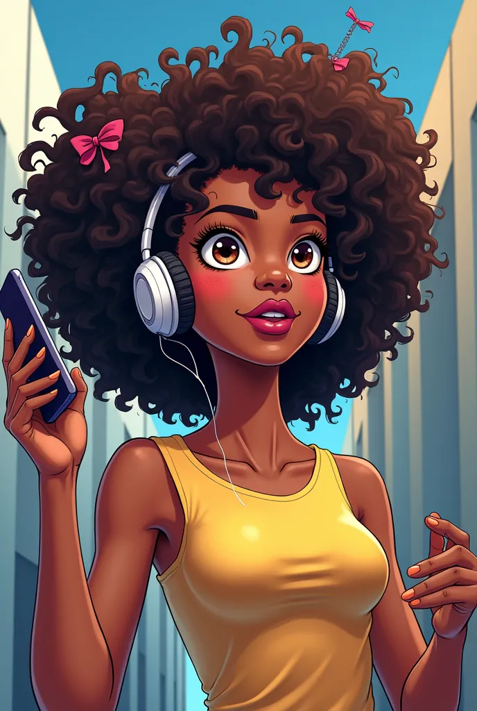 Brunette  with ties in her hair, afro hair,With earphones holding cell phone,anime style.