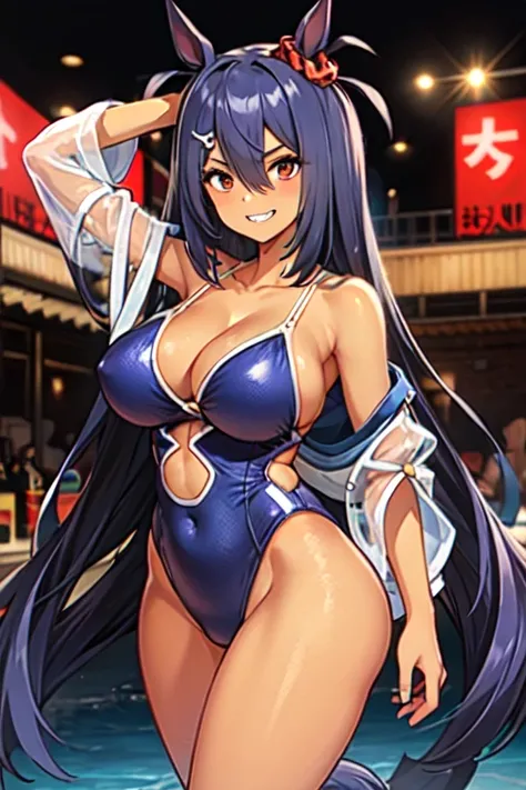 Hishi Amazon、One person、 girl 、horse taill, best quality, cleavage, smug,grin,one-piece swimsuit,clothing cutout,competition swimsuit,collarbone,(highleg:1.3)