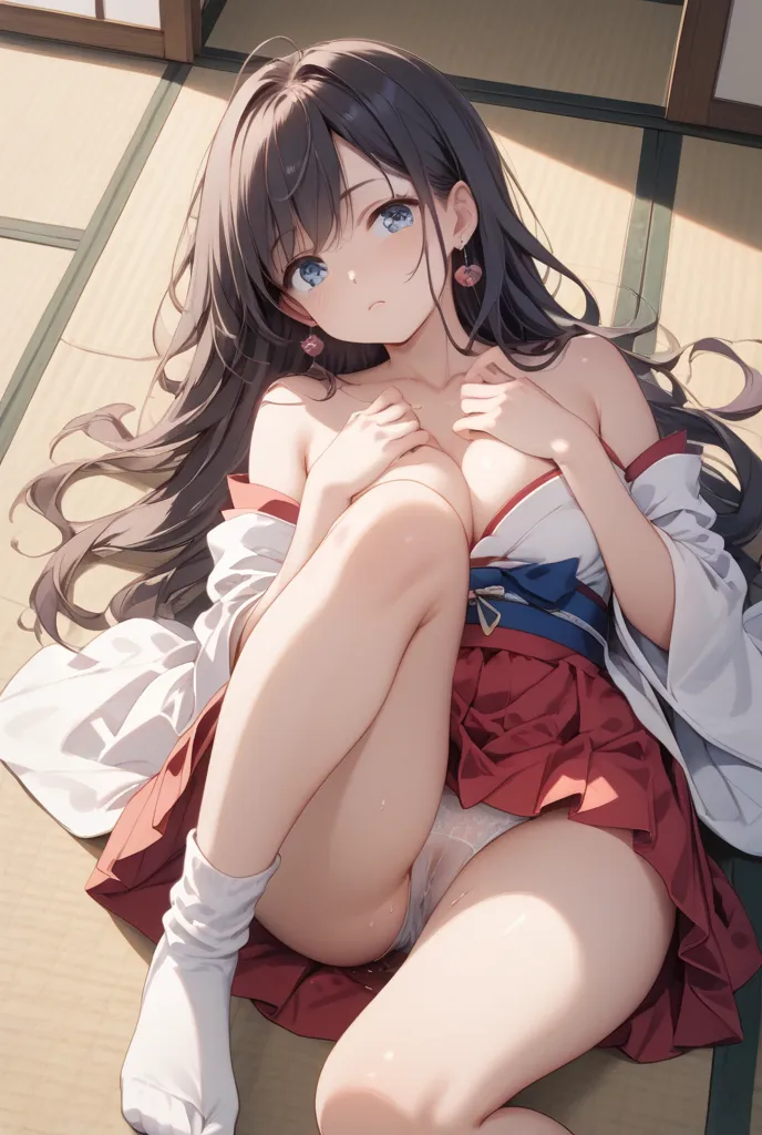  Japanese Shrine Maiden Outfit、Japanese clothing、 white kimono、Red Hakama、young Kizuna Ai、expressionless、blush、long hair caught in a hole、earrings、close your eyes、 dark hair、Japanese-style room、on tatami mat、lying on your back、Hands beside your body、Dishev...