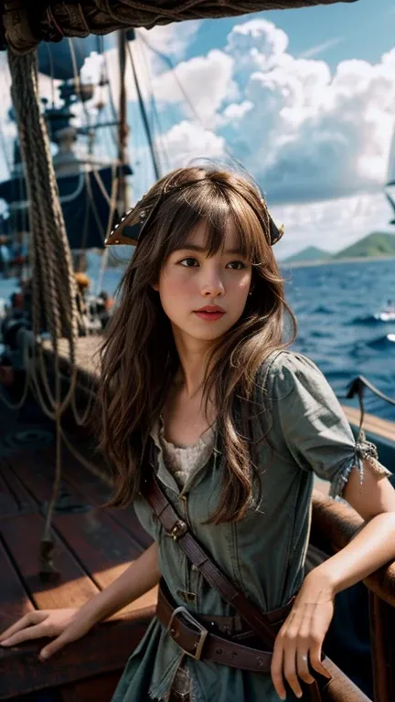  Dramatic Lighting , top quality, Film movie still, (Charming Anne Bonnie, Wearing a dirty, worn pirate costume, Stand on the deck oF a pirate ship docked in a Caribbean port), dirty, dark atmosphere,  well-balanced , (torn clothes:0.8), PerFect Face,  Vie...