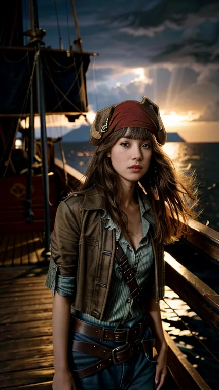  Dramatic Lighting , top quality, Film movie still, (Charming Anne Bonnie, Wearing a dirty, worn pirate costume, Stand on the deck oF a pirate ship docked in a Caribbean port), dirty, dark atmosphere,  well-balanced , (torn clothes:0.8), PerFect Face,  Vie...