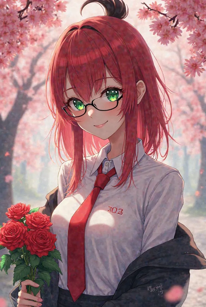 Anime redhead woman with black hair tuft in front wearing white school shirt, tie red tie, black outer shirt, green eyes, standing under cherry tree, holding green eyed roses, wearing glasses