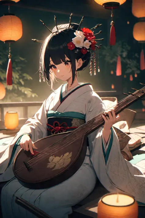 A beautiful Japanese woman in a traditional kimono, gracefully playing a Japanese biwa, a short-necked fretted lute. The biwa has a pear-shaped wooden body, four silk strings, and a curved neck. She holds a large wooden plectrum (bachi) in her right hand a...