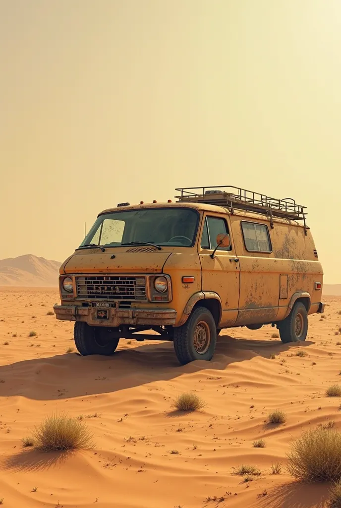 A very dirty van in the desert
