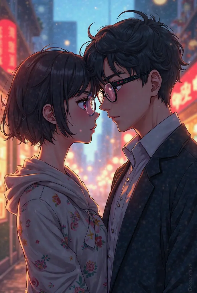 Create anime,  with short hair wearing glasses is secretly having something to do with a handsome man wearing tall glasses