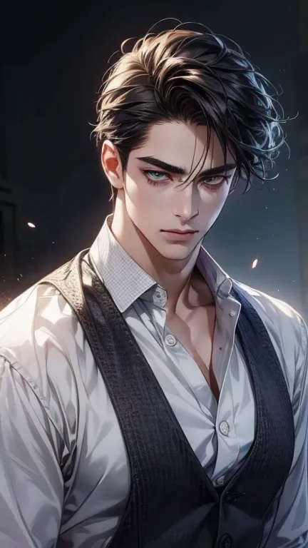 (best quality,4K,8k,highres,masterpiece:1.2),breasts,(Realistic,photoRealistic,photo-Realistic:1.37),36-year-old man,3 day beard,cute anime ,Portraits,strong,masculine,  dark hair,sharp jaw,  mesmerizing eyes  ,  perfectly styled hair,  cool anime outfit,c...