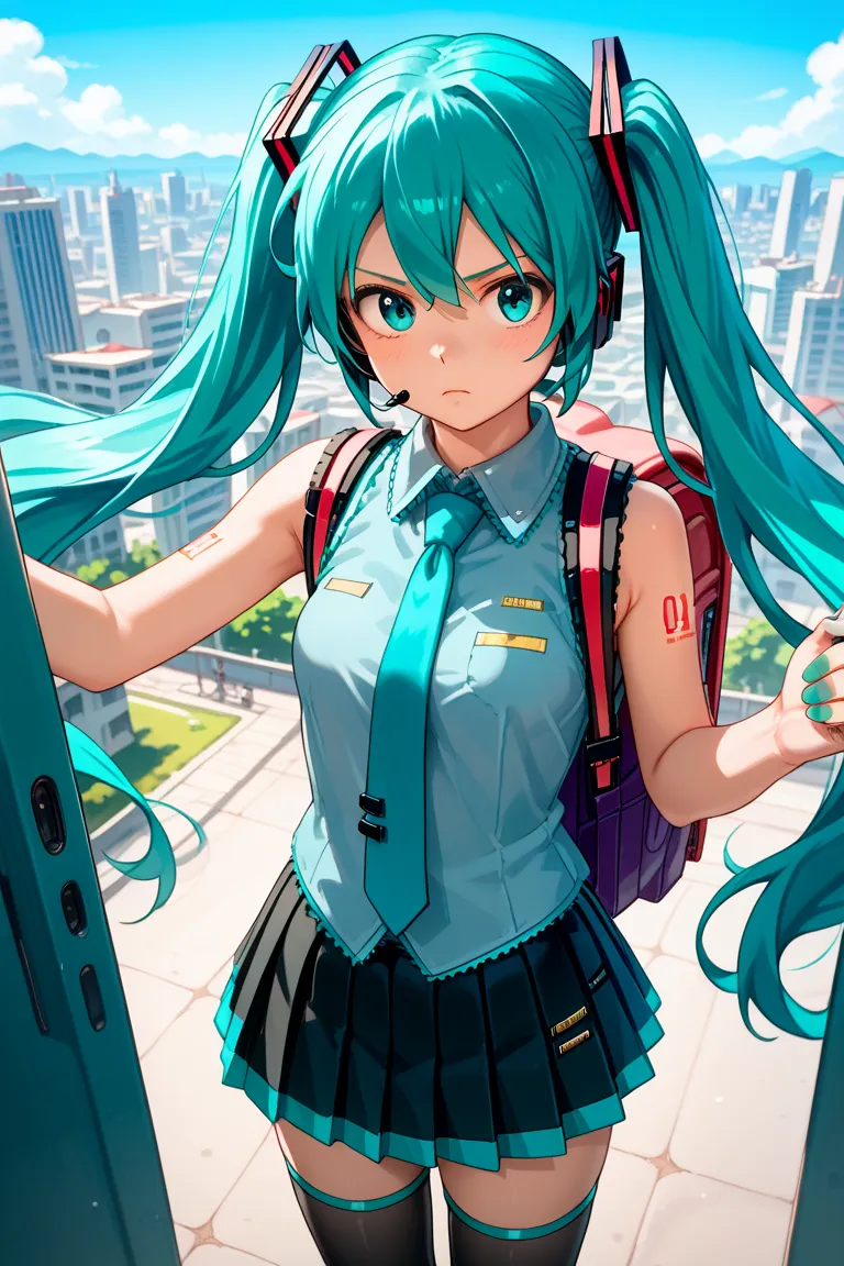 (best quality),(masterpiece),8k, detailed hair, detailed clothes , Alone , woman , Hatsune Miku ,  turquoise hair  , Twin Tails ,  create a perfect body line  , Hot body , red 01 tattoo on one upper arm ,  exact finger , Light effects , Hatsune Miku , scen...