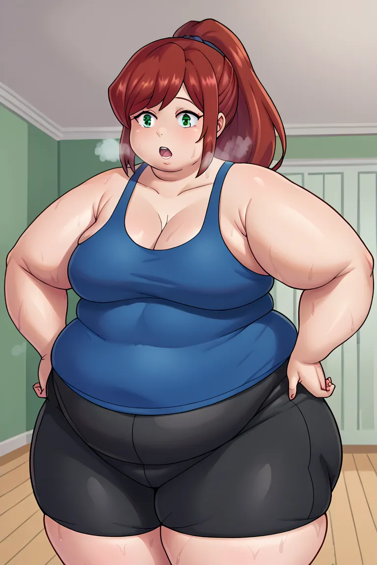   score_9,  a girl, Alone , María Janems  (big fat body ) ,  red hair,  ponytail ,    green eyes  ,   blue tanktop, black yoga shorts, Looking at the spectator,  cowboy shot ,   hands on hips, (clothes that fit your big ,  fat body size ), out of breath, s...