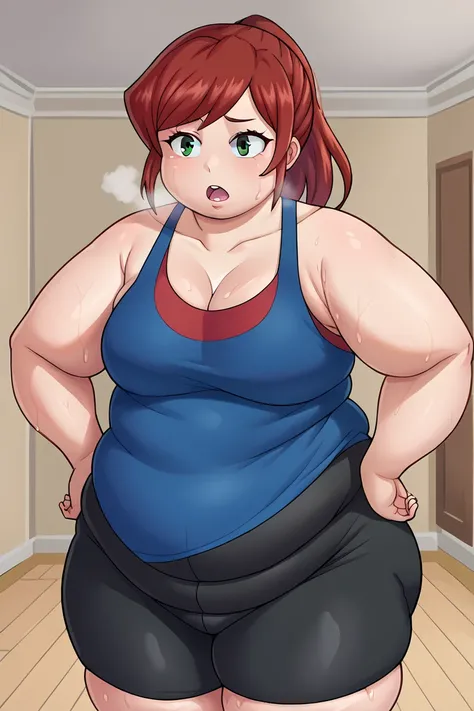   score_9,  a girl, Alone , María Janems  (big fat body ) ,  red hair,  ponytail ,    green eyes  ,   blue tanktop, black yoga shorts, Looking at the spectator,  cowboy shot ,   hands on hips, (clothes that fit your big ,  fat body size ), out of breath, s...