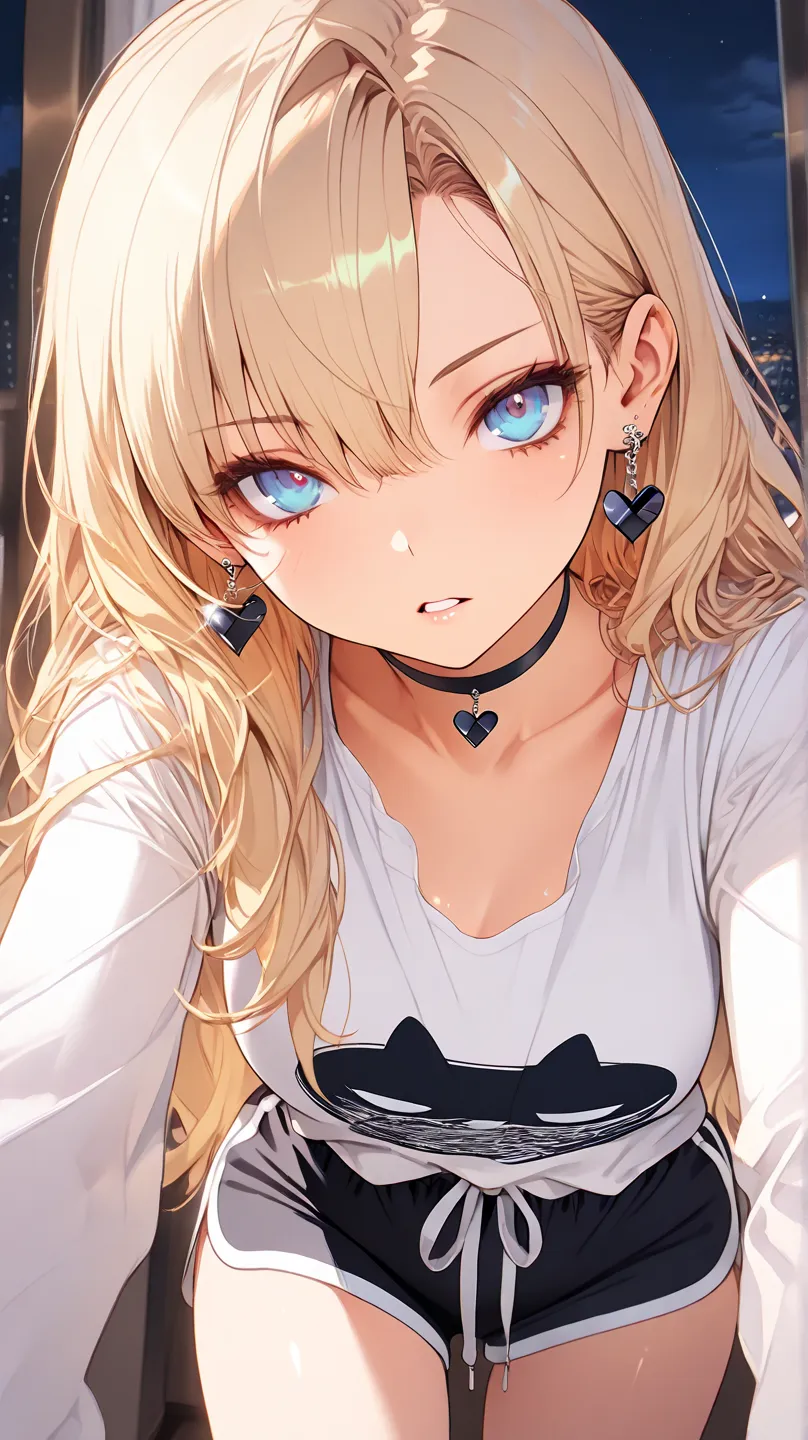 1Girl, Mature, Caucasian, American, Light Brown Skin, Long Blonde Hair, Bangs, Shiny Hair, Bright Blue Eyes, Medium Chest, White Long-Sleeved Button-Up Shirt, Black Dolphin Shorts, Black Heart Shaped Earrings, Black Choker, Black Tie, Looking At Viewer, Bo...