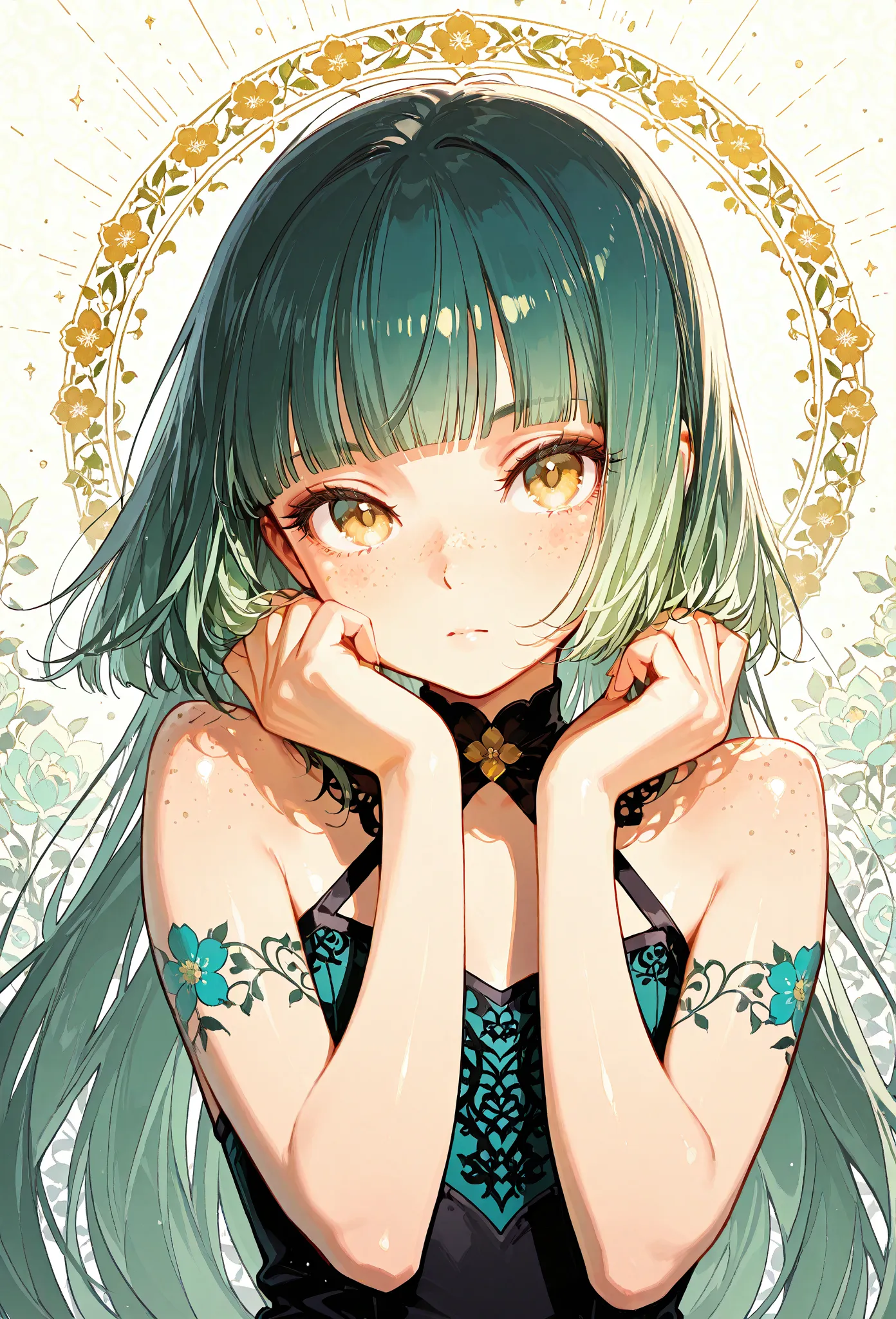 A mesmerizing surreal illustration of a young japanese woman. She has pastel green hair with blunt bangs, yellow eyes, sexy outfit with floral patterns. Freckles, shiny skin, colorful tattoos cover her arms and legs. The tattoos feature traditional Japanes...