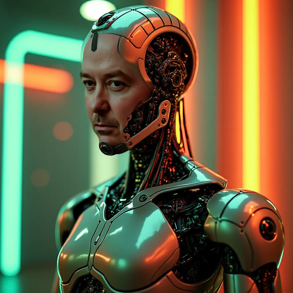 ((Hyperrealistic very complex robot android man chauve)) like terminator, metallic brillant, dans un style retro futurist, eclairage neon orange et vert, 8k, hight details