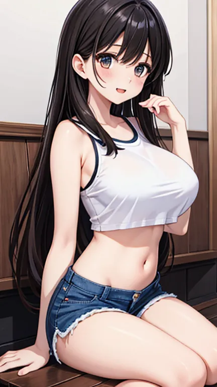 (masterpiece, Top Quality, absurd,  game cg, shape, very well detailed), One Girl, alone, (mayu kuroe),  beautiful attention to detail , sitting, strand, bend your knees, CROP TOP, shorts,Big Breasts、black hair long hair,big breasts、