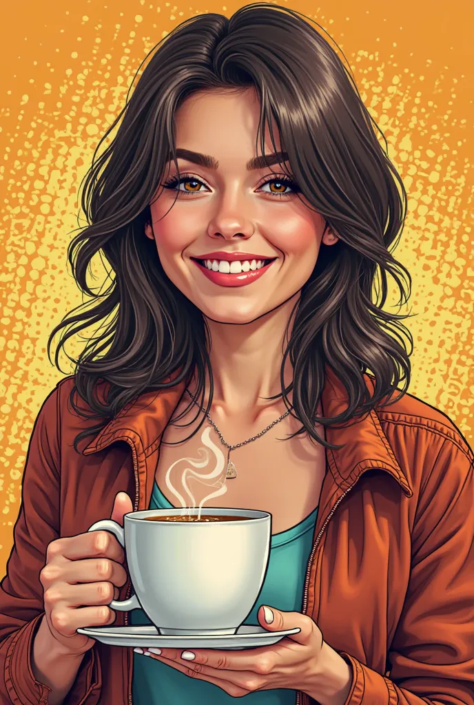 DISCREET image. with discreet casual clothes. image adult woman, american, JUST comic book style. smile. IMAGES WITH VIBRANT COLORS.  focus on face. drink coffe